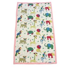 Vintage Baby Quilt Safari Animals "We Love You" Embroidered Pink Border 55x33
